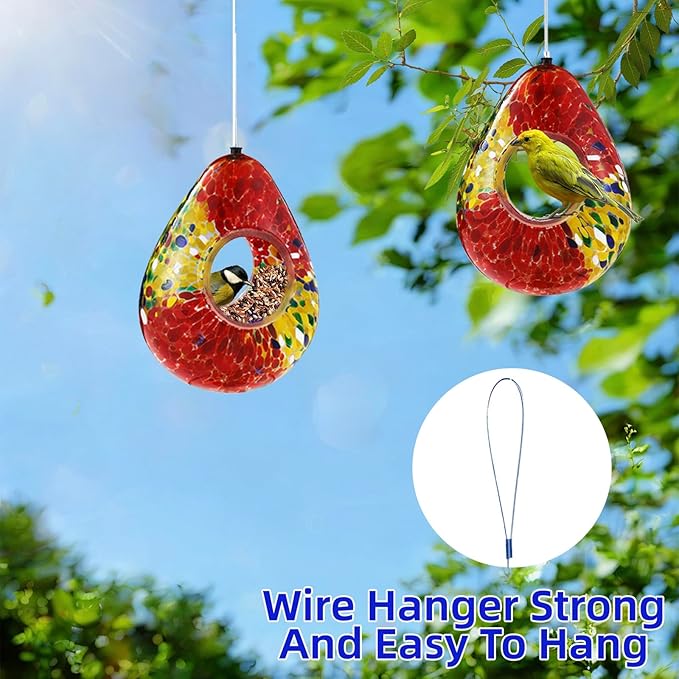 VOREEN Glass Bird Feeder, Fly Through Bird Feeders for Outdoor Hanging, Handmade Glass Wild Bird Feeder, for Garden, Yard, Backyard, Deck and Porch Decor, Gift for Mom Wife Friend, Red Teardrop