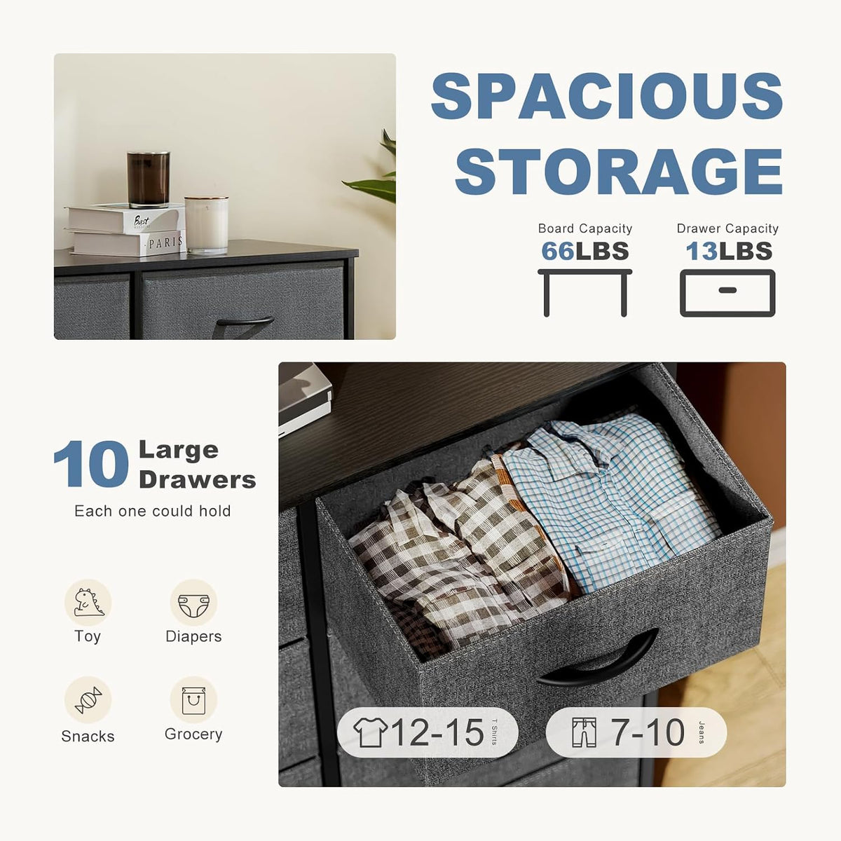 DUMOS 10 Drawer Tall Dresser for Bedroom & Living Room, Grey