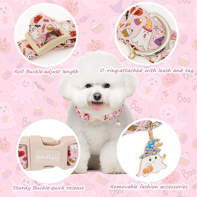 Halloween Dog Collar, Fall Dog Collars for Large Dogs, Cute Pink Puppy Collar with Adorable Ghost & Pumpkin Design, Soft Cotton Large Dog Collars Girl Boy Dog Collar-L