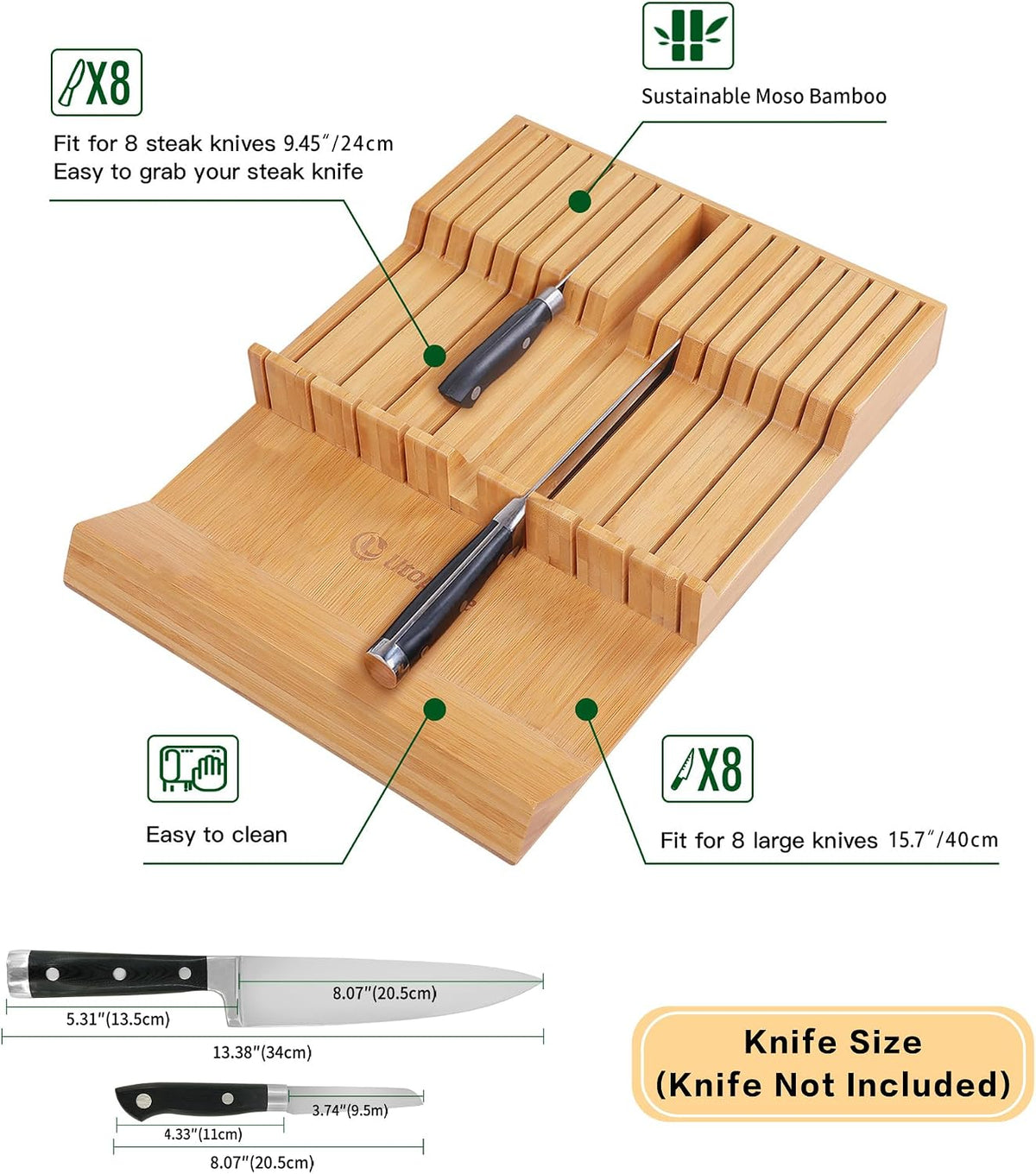 Utoplike In-drawer Knife Block Bamboo Kitchen Knives Drawer Organizer Large