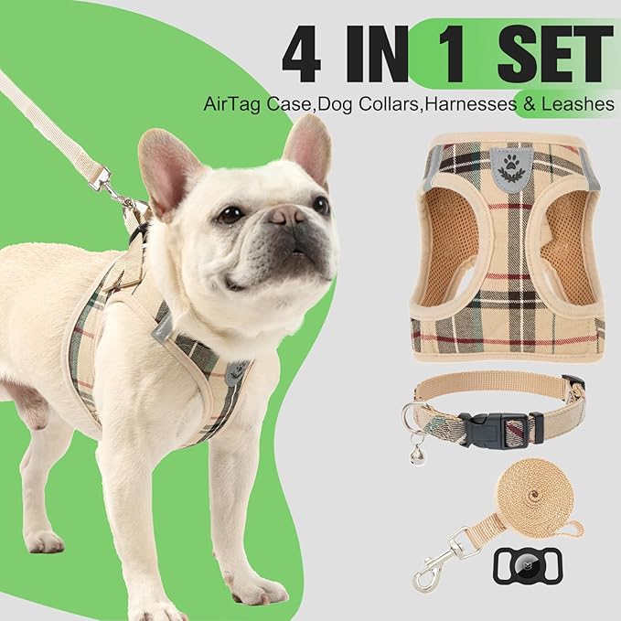 EXPAWLORER Plaid Small Dog Harness and Leash Set with AirTag Holder - No Pull Soft Padded Step in Dog Vest Harness Medium Sized Dog, Reflective Puppy Harness, Collar and Leash for Walking, Khaki S