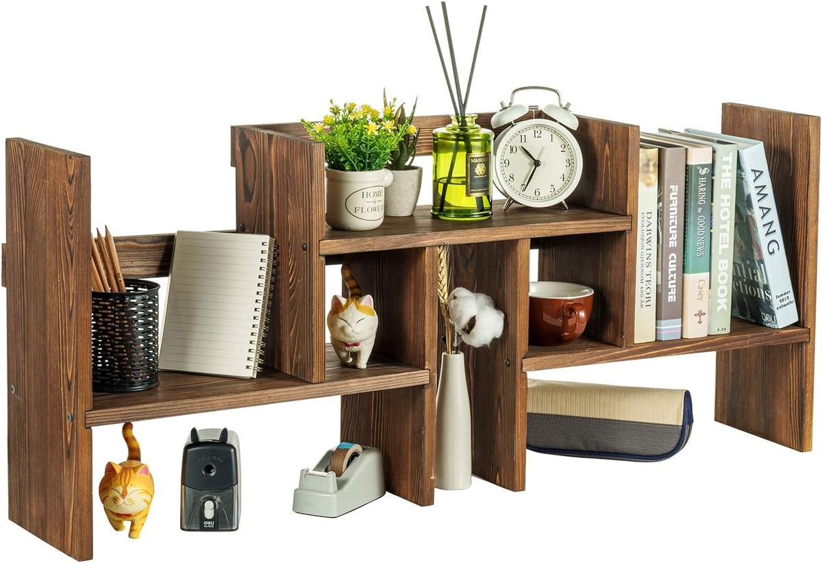 MyGift Adjustable Rustic Burnt Wood Desktop Shelf, Stackable Organizer