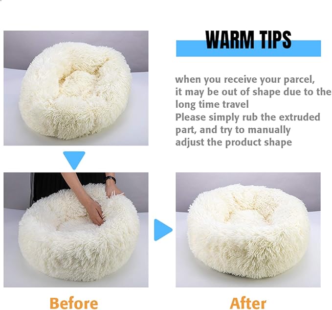 huraty Pet Dog Bed Plush Calming Bed, Fluffy Donut Round Pet Beds for Small Medium Large Dogs Cats, Anti-Slip & Anti-Anxiety, 28 Inch for Puppy and Kitties, White, L