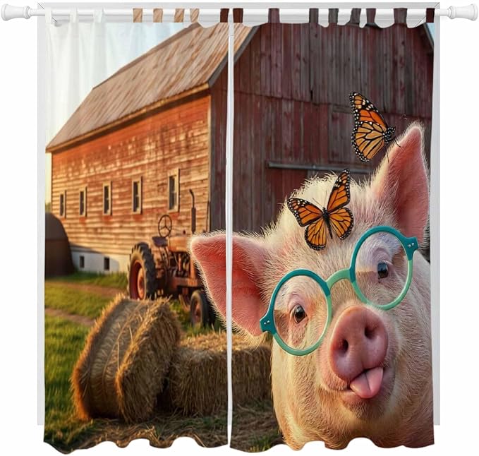 Farm Pig Living Room Curtains 96 Inch Length, Window Curtains Tab Top,