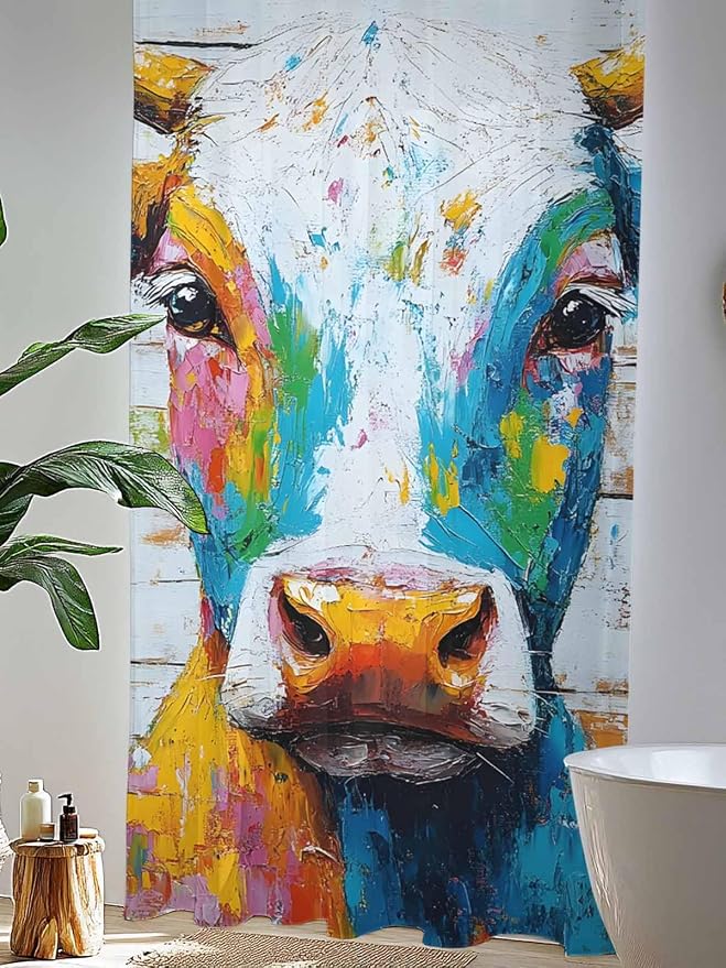 Sheer Curtains 96 Inches Long, Funny Colorful Cow Semi Sheer Curtains Light