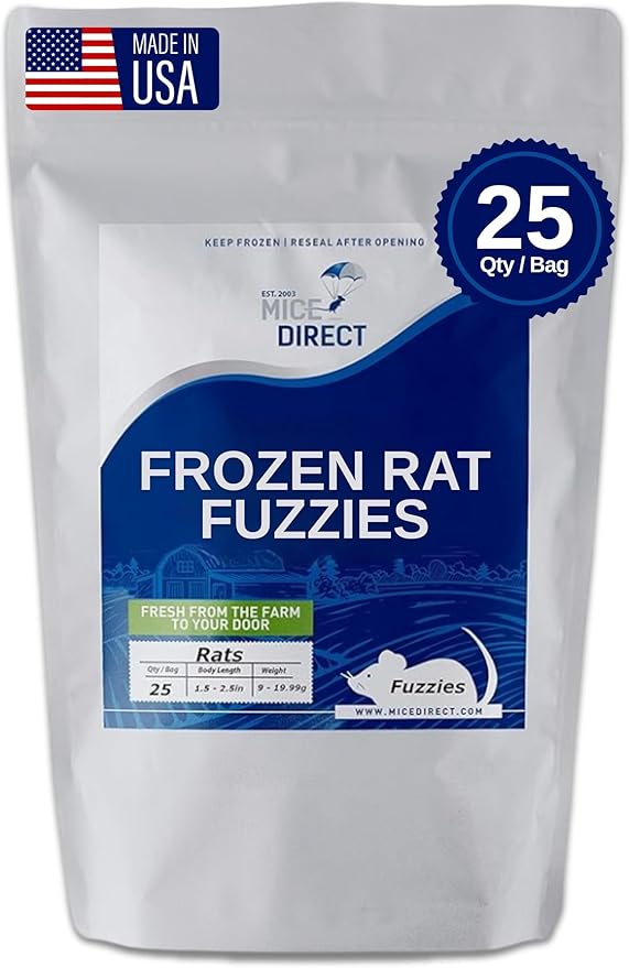 MiceDirect 25 Frozen Rat Fuzzies Feeders Snake Food for Adult Corn Snakes Ball Pythons (2-2.5 in)(225 Grams Min)(25 Count)
