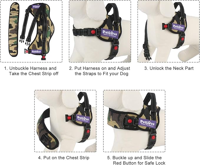 PetLove Dog Harness, Adjustable Soft Leash Padded No Pull Dog Harness for Small Medium Large Dogs, Camouflage