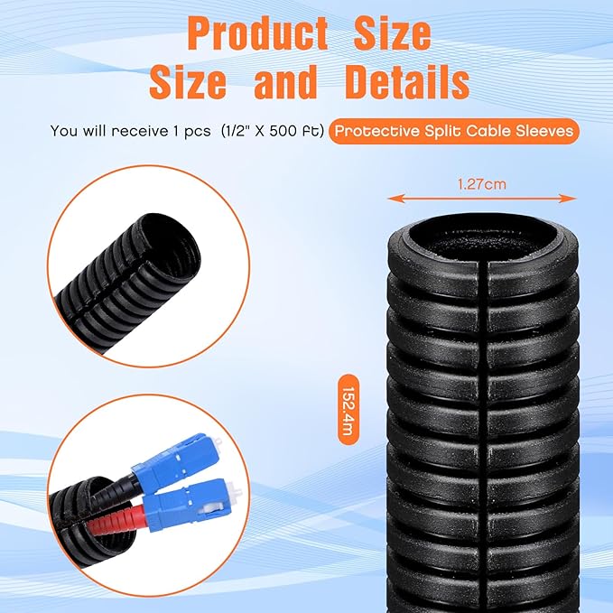 Sasylvia 1/2" X 500 ft Split Wire Loom Cord Protector Tubing Split Conduit Protector Tubing Convoluted Tube Flexible Electrical Wire Cover Protective Sleeves(Black)