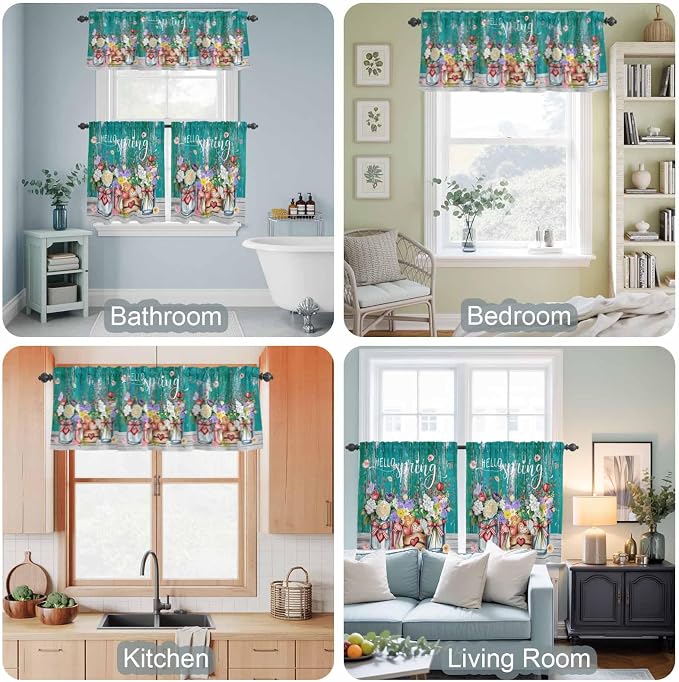 Spring Flowers Kitchen Curtain Set, Farmhouse Watercolor Teal Wood Grain Window