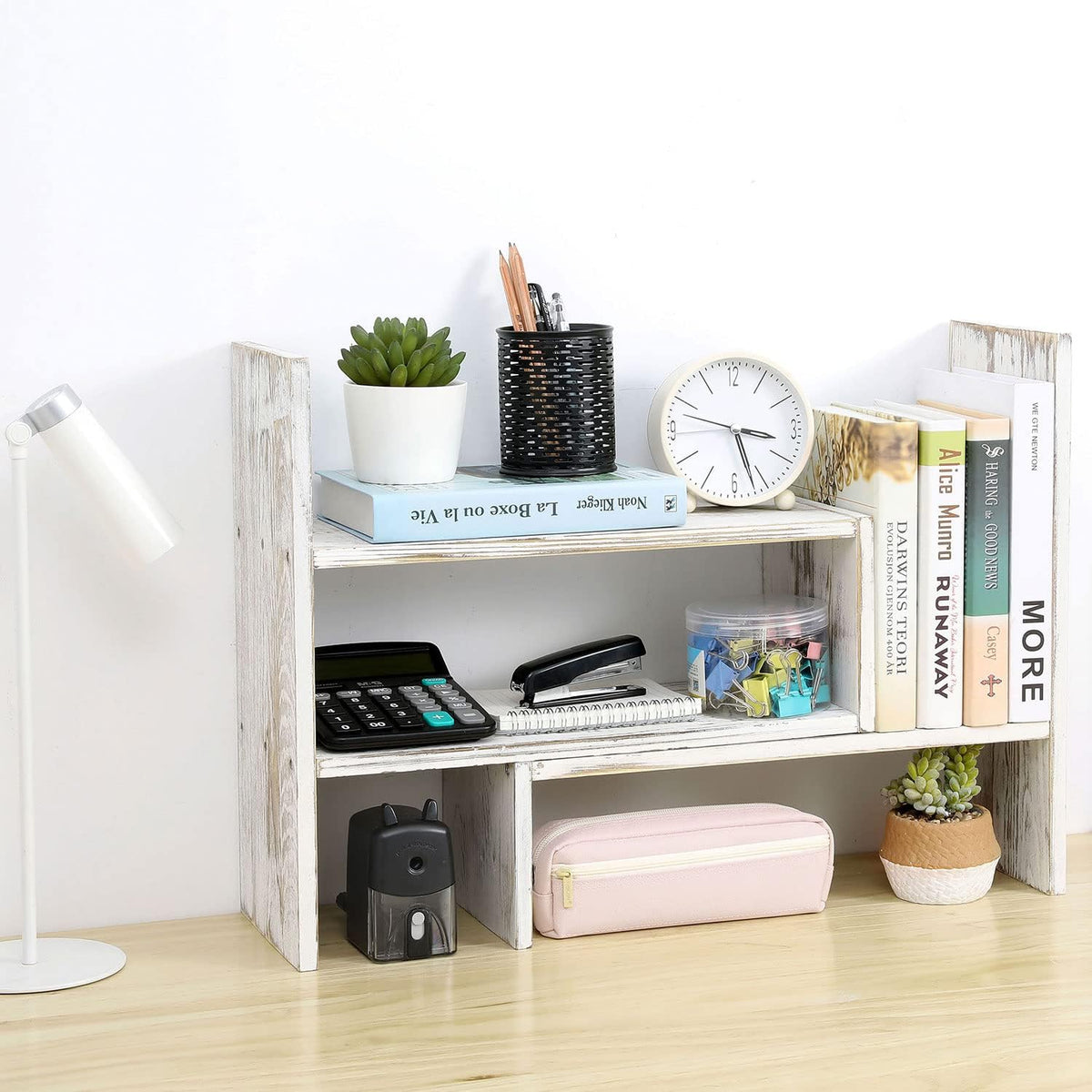 MyGift Adjustable Whitewashed Solid Wood Desktop Storage Organizer Display Shelf Book Rack, Office Desk Bookshelf