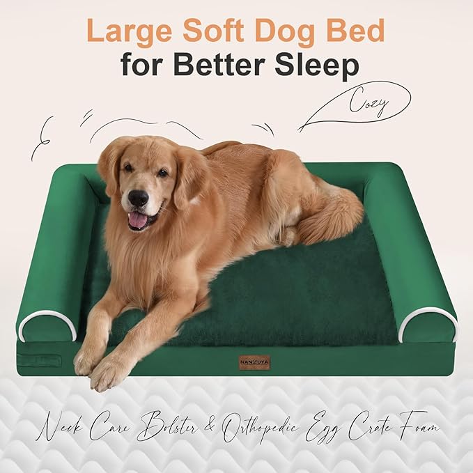 Large Dog Bed Orthopedic Washable: Beds Bolster XL Bed Big XLarge Dogs Egg Crate Foam Couch Sofa Waterproof with Removable Cover - Emerald