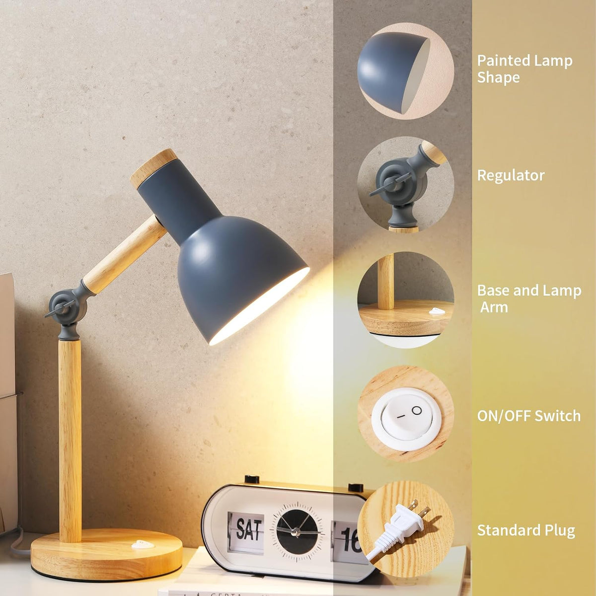 Adjustable Wooden Arm Desk Lamp, Table Lamp for Reading office Bedroom
