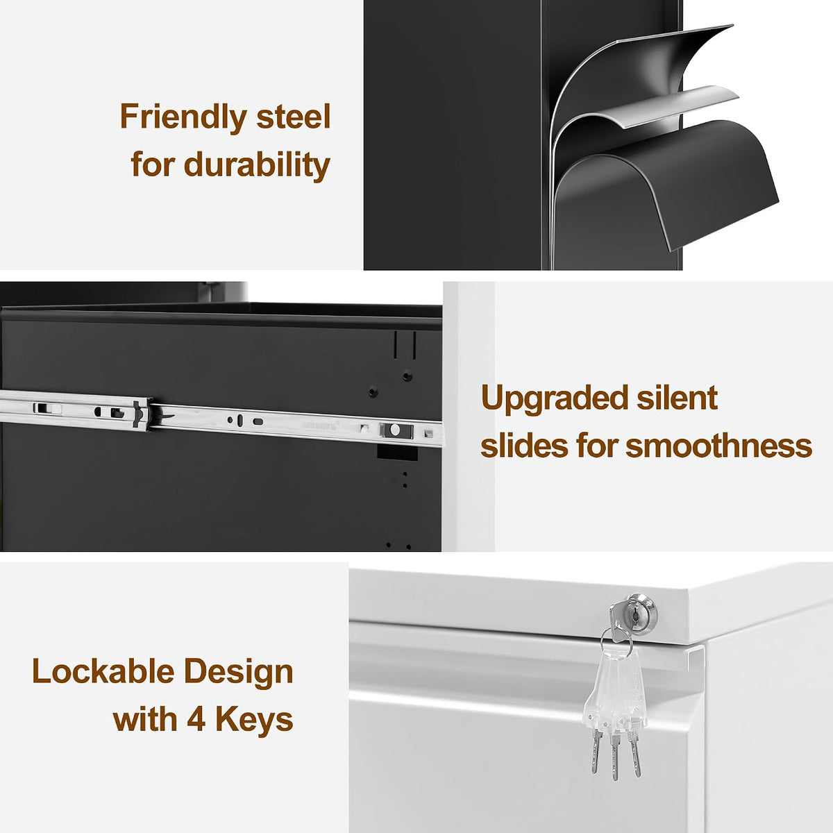 3 Drawer Metal Mobile File Cabinet with Lock and 4 Keys