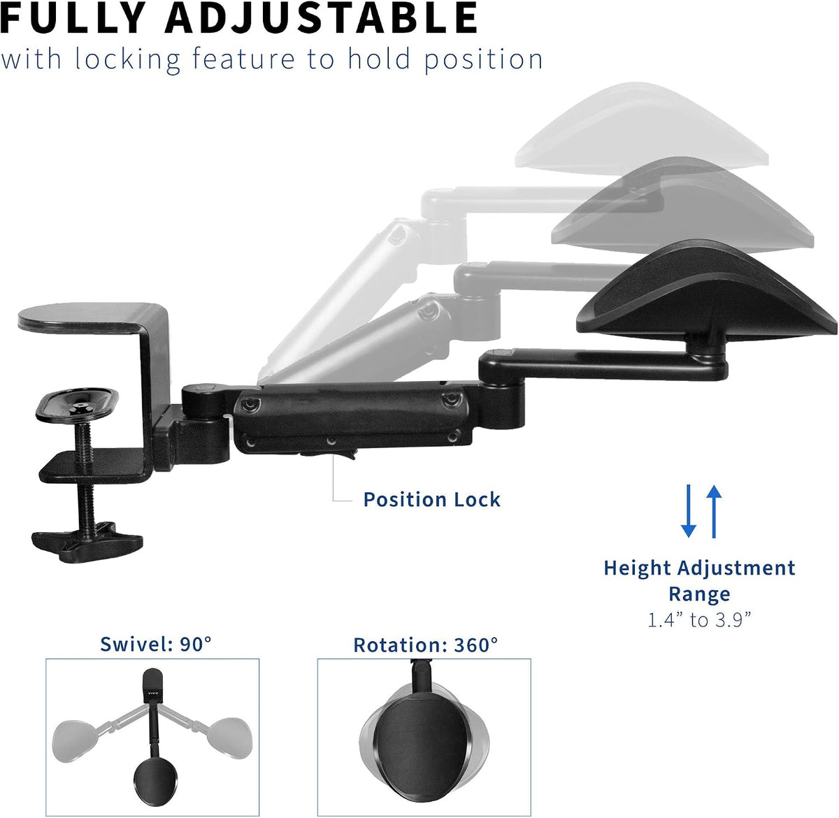 VIVO Black Clamp-on Adjustable Arm Rests, 2 Pack, MOUNT-ARM02P