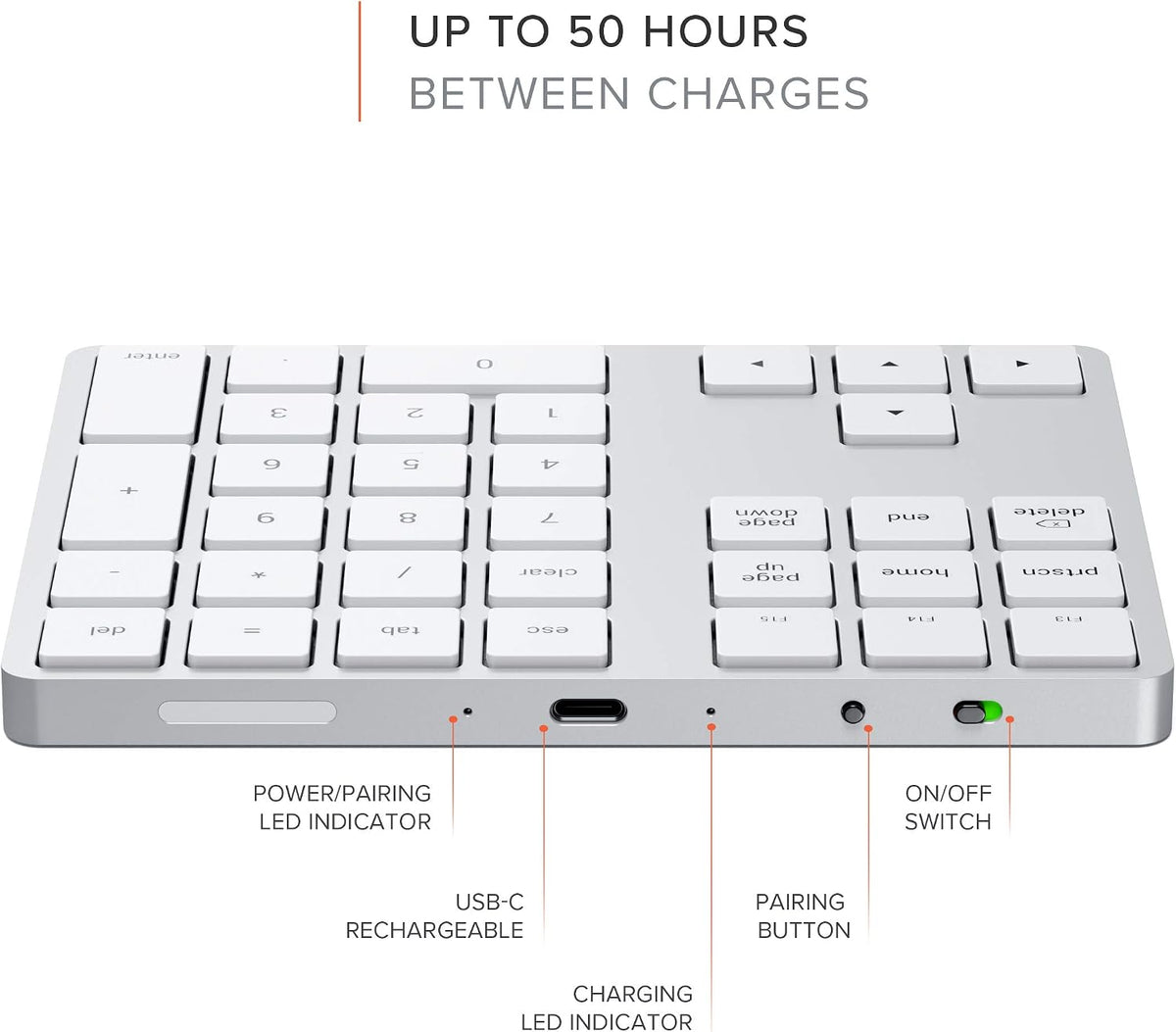 Satechi Bluetooth Extended Numeric Keypad, Rechargeable 34-Key, Silver