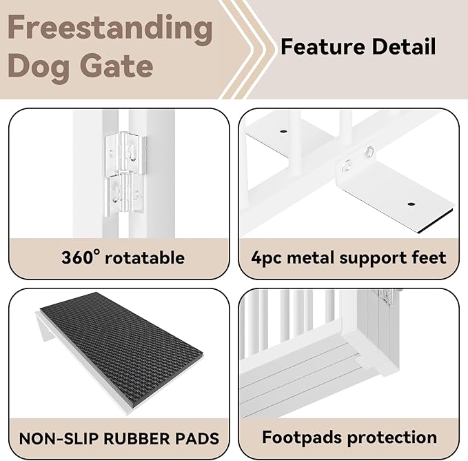 Full Metal Freestanding Dog Gate with Door, 24'' Height Foldable Pet Dog Fence for Indoor & Outdoor, 4 Panels Extra Wide Free Standing SmallDog Gates for Doorways,House,Stairs,Porch,Deck,Yard