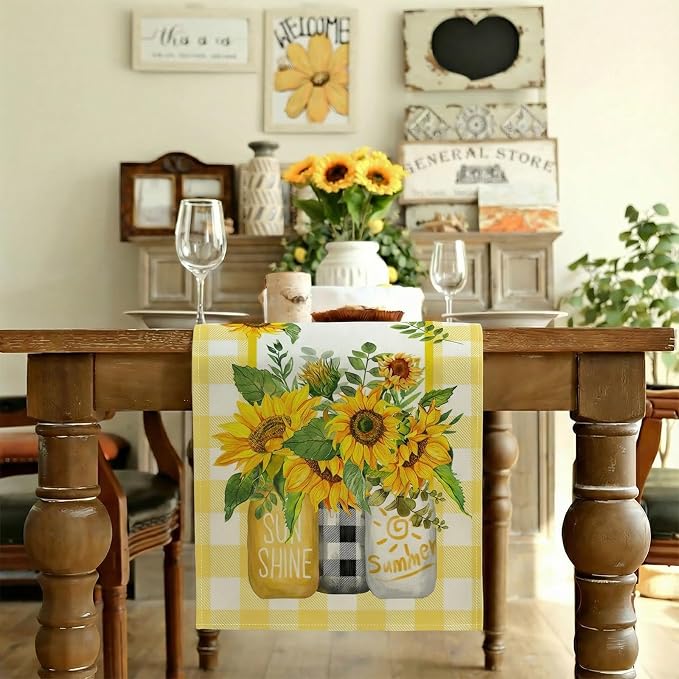 Sunflower Summer Table Runner 13x72 Inch, Kitchen Dining Table Decoration