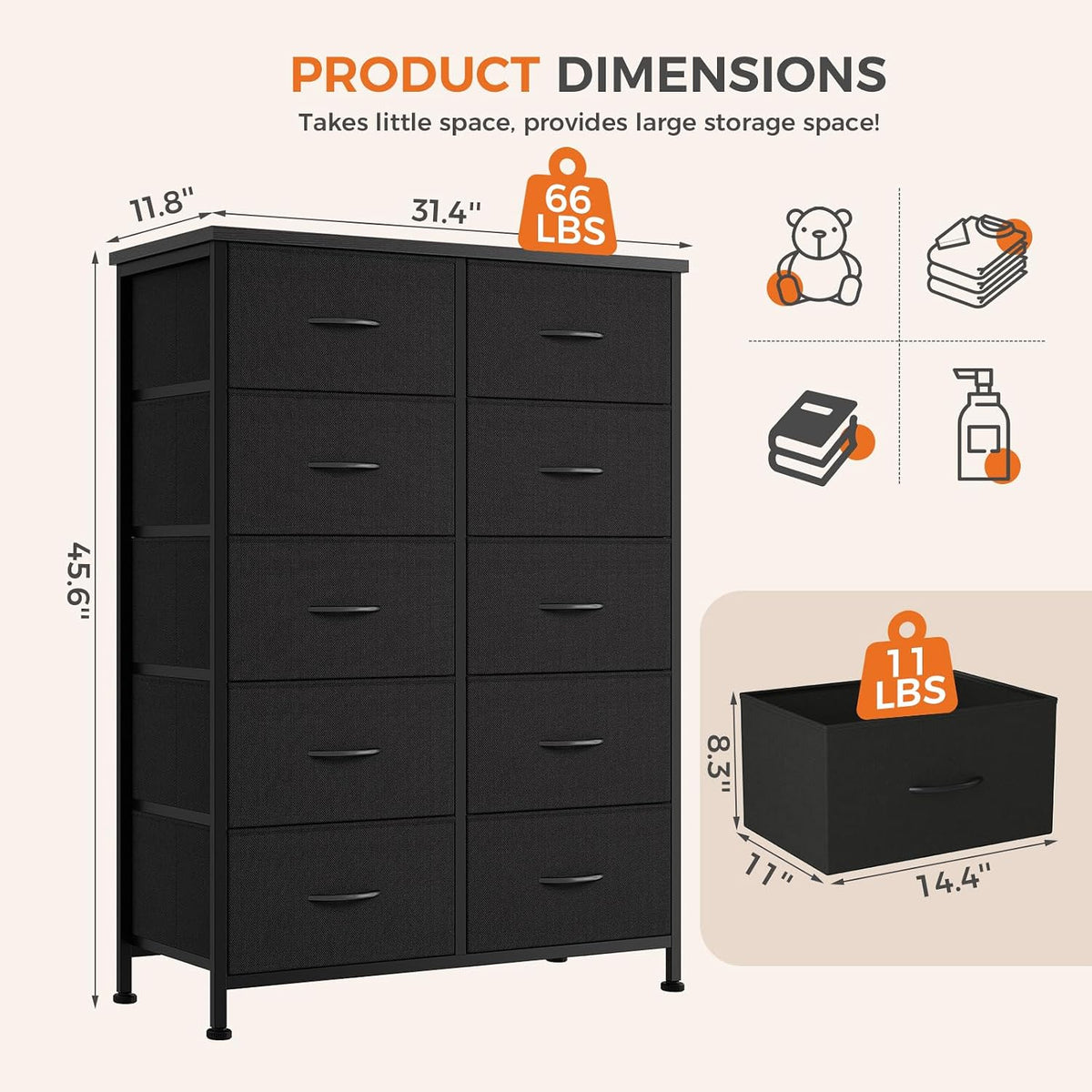 DUMOS 10 Drawer Dresser for Bedroom, Storage Organizer Chest of Drawers