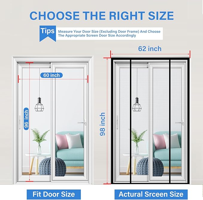 Magnetic Screen Door Upgraded PET Mesh Stronger Than Fiberglass and Polyester,Hands Free,Keeps Bugs Out,Pet & Kid Friendly,Suitable for Sliding Door,Large Patio Door and French Door-60''x96''