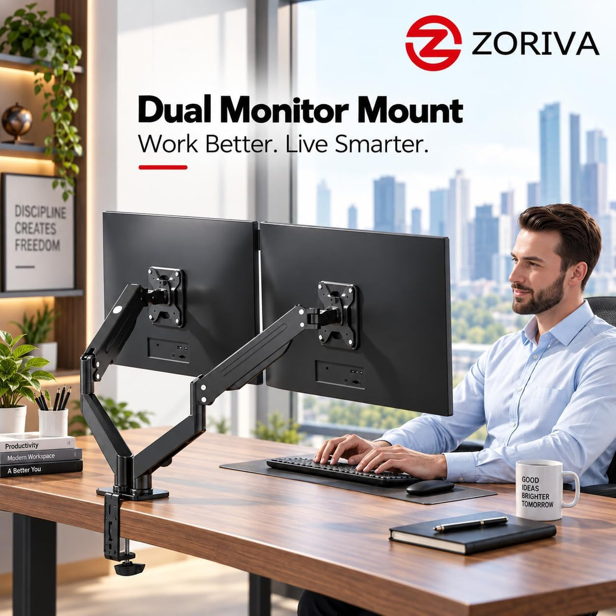 Dual Monitor Arm Full Motion Gas Spring Desk Mount for 13-34" Screens, Space-Saving VESA Stand for Gaming, Work, and Productivity