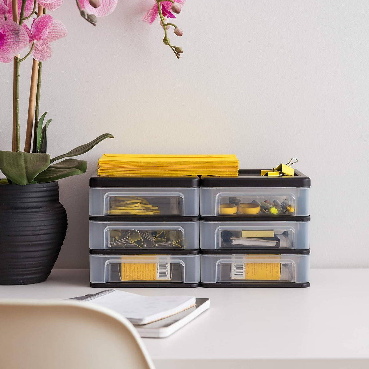 IRIS USA 4-Pack, 3-Drawer Small Plastic Stacking Desktop Organizer, Black