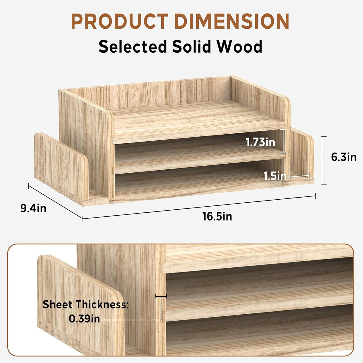 Wooden Desk Organizer, 3-Tier Paper Trays with 2 Mail Sorters, Natural Wood