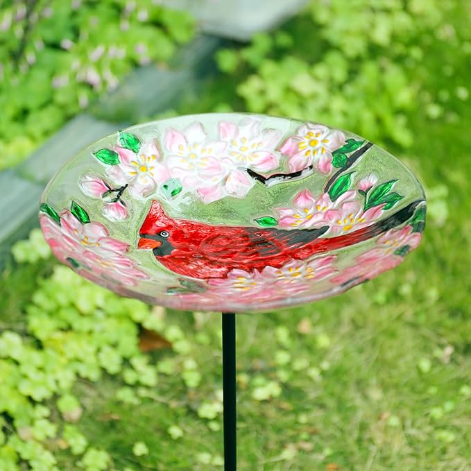 MUMTOP Glass Bird Baths for Outdoors-Outdoor Bird Bath Bowl- Cardinal and Flower Birdbaths Yard Stake, Bird Feeders for Outside, Garden, Patio, Lawn Decor