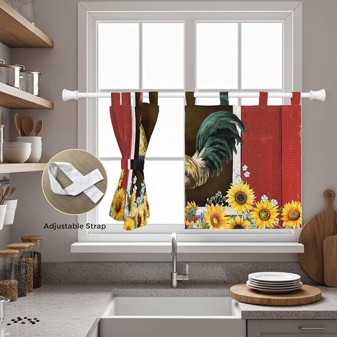 Chicken Sunflowers Kitchen Curtains 36 Inch Length, Small Window Curtains Tab