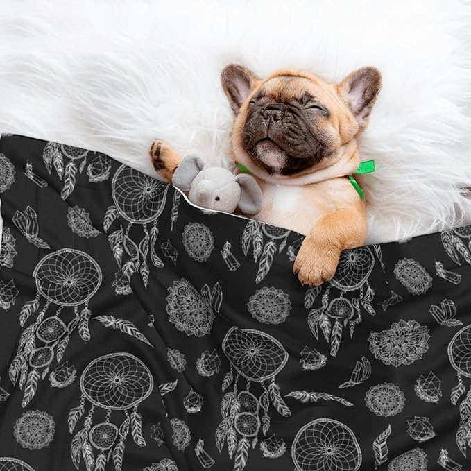 Double Sided Pet Mat for Dog Bed Topper Cat Blanket Furniture Protector, Black and White Mysterious Dream Catcher, Reversible Plush with Tactile Dot Pattern for Style Change