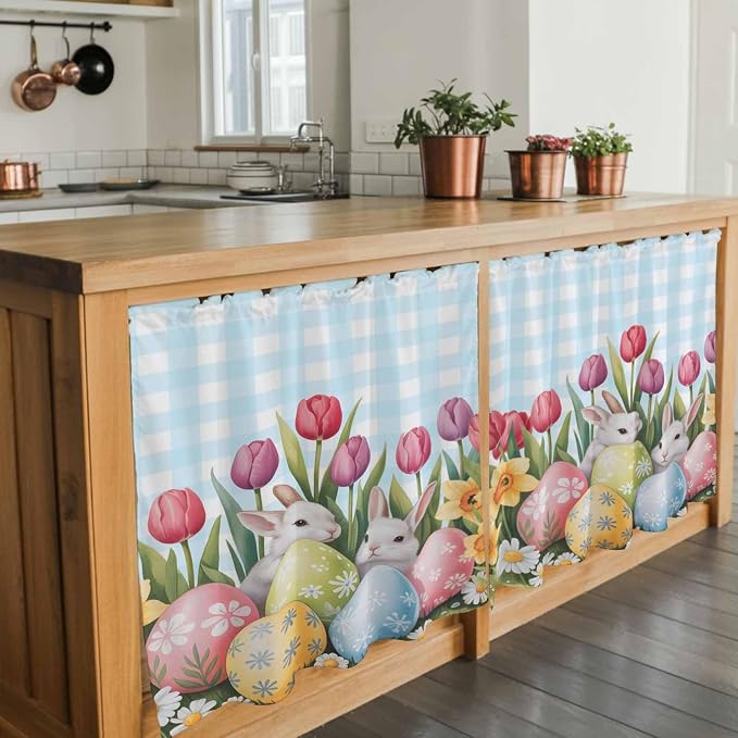 Easter Kitchen Tier Curtains 24 Inch Long 2 Panel Set, Rod Pocket Cafe Small