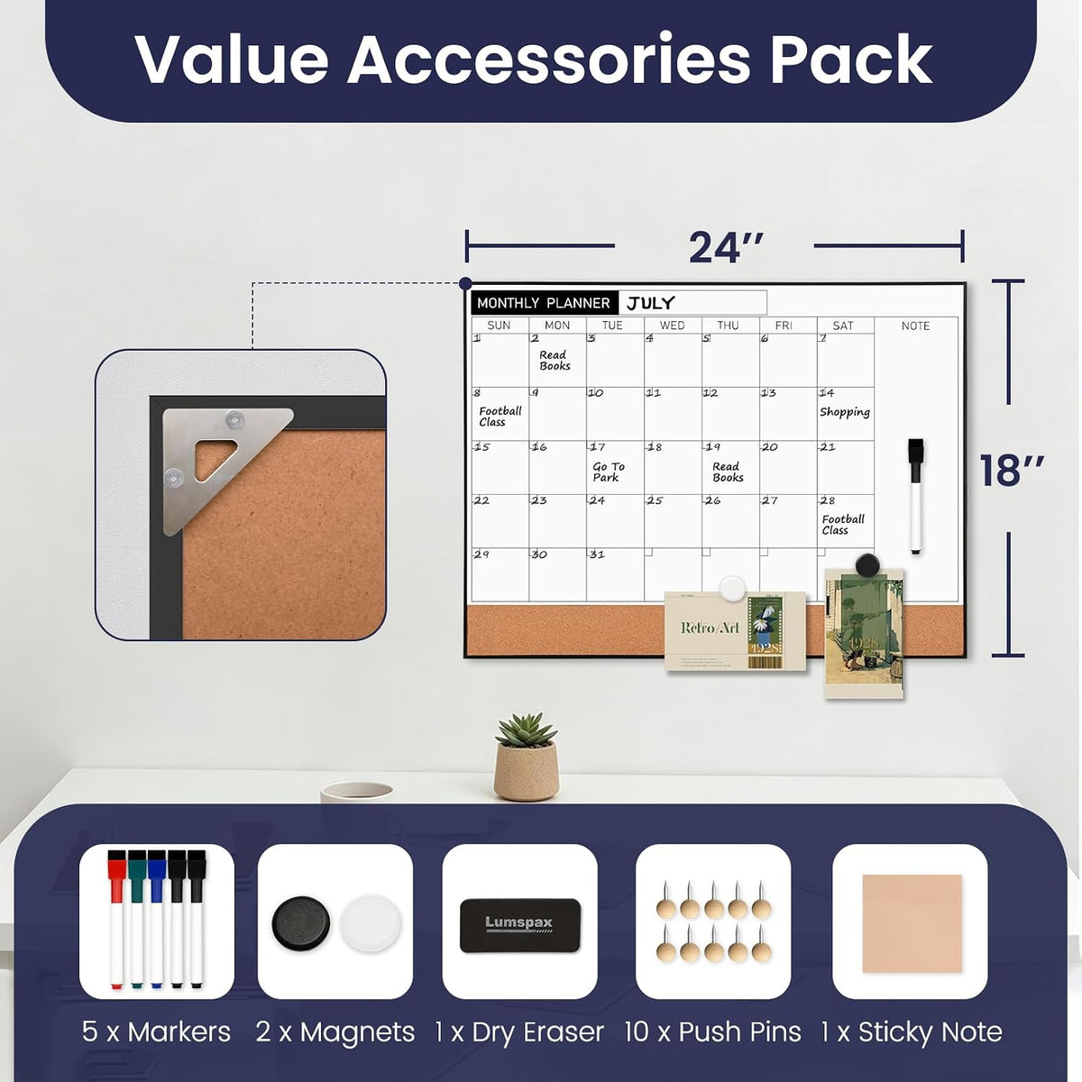 Dry Erase Calendar with Cork Board for Wall | 24"x18" Whiteboard Calendar with Aluminium Alloy Frame, Magnetic Monthly Wall Calendar for Home Office Planner Memo
