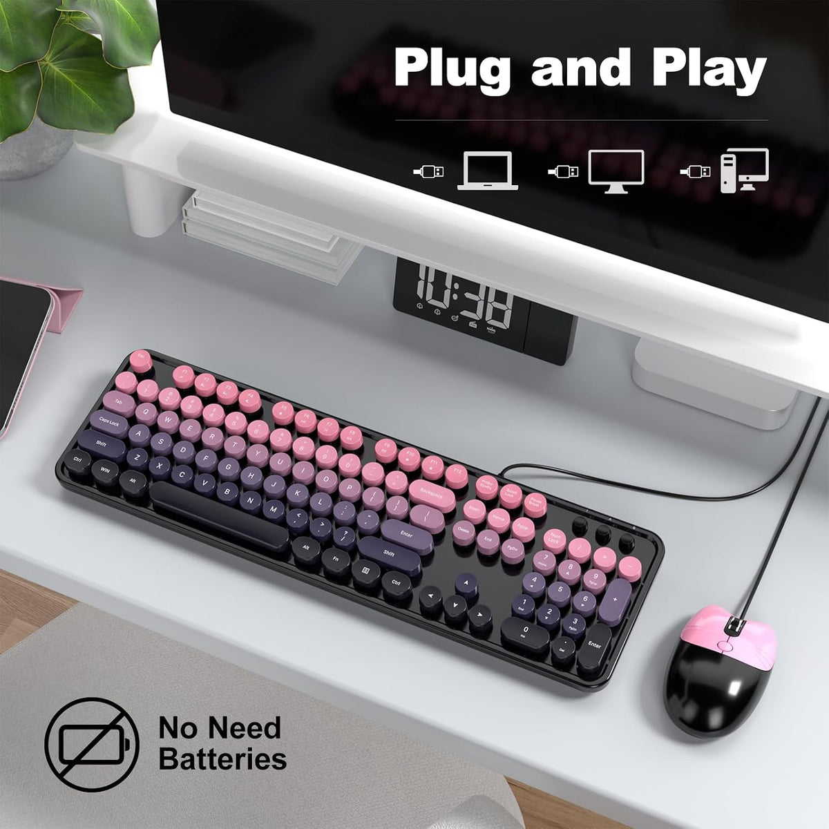 MOFII Wired Keyboard and Mouse Combo, Full-Sized Retro Typewriter Computer Keyboards with Cute Cat Mouse for Windows PC Laptop (Berry Pink)