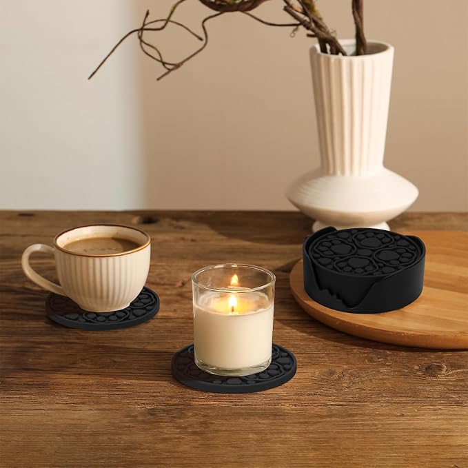 Black Silicone Coasters with Holder, 4 Inch Modern Non-Slip Drink Coasters Set