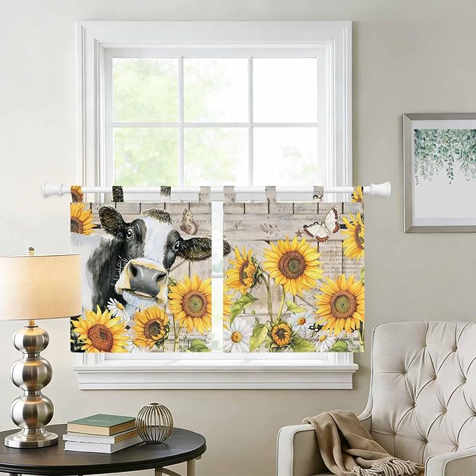 Yellow Sunflowers Kitchen Curtains 24 Inch Length, Small Window Curtains Tab Top