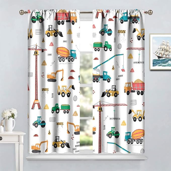 Construction Window Curtains, Kids Cartoon Construction Machines Building Hand