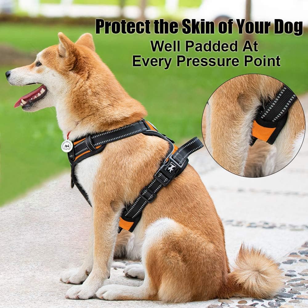 PoyPet No Pull Dog Harness, Reflective Comfortable Vest Harness with Front & Back 2 Leash Attachments and Easy Control Handle Adjustable Soft Padded Pet Vest for Small to Large Dogs (Orange,XL)