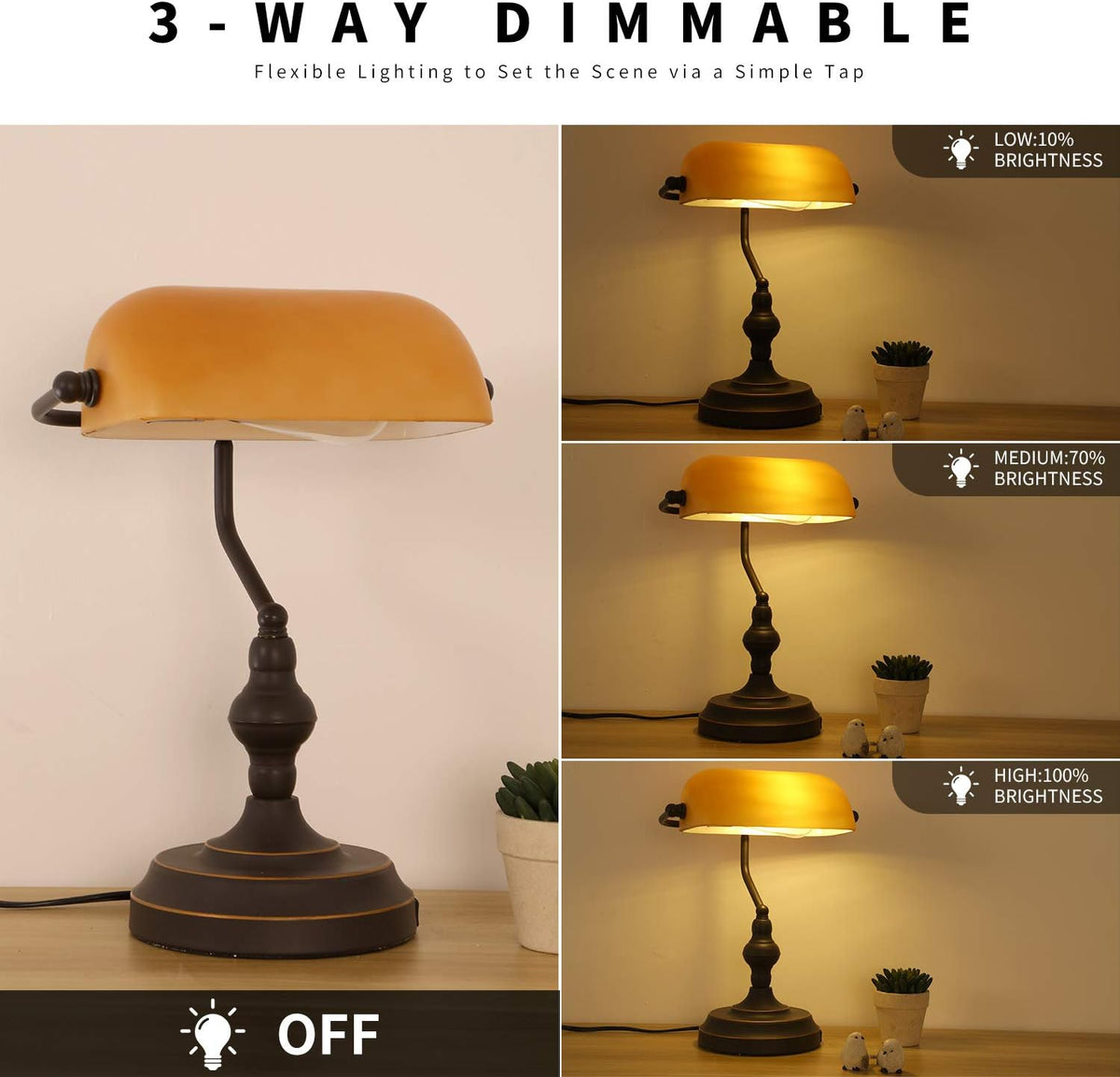 Amber Glass Bankers Desk Lamp, Touch Control