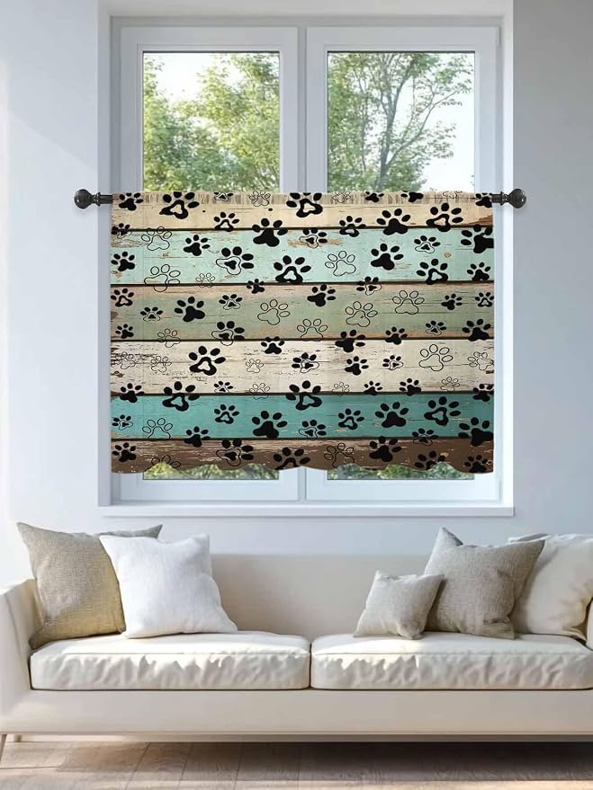 Sheer Curtains 45 Inch Length, Sage Green Brown Paw Prints Semi Sheer Curtains