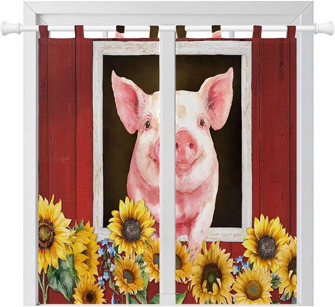 Pigs Sunflowers Living Room Curtains 84 Inch Length, Window Curtains Tab Top
