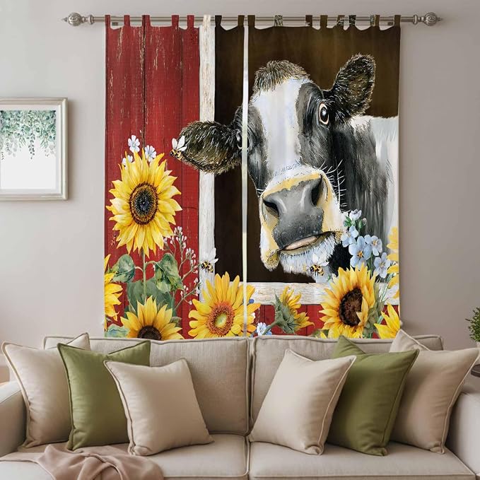 Cows Sunflowers Living Room Curtains 84 Inch Length, Window Curtains Tab Top