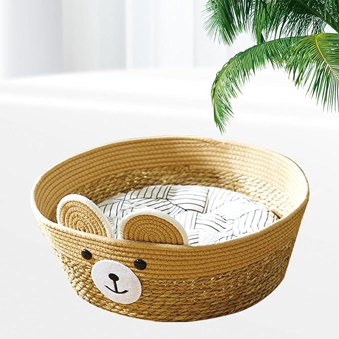 Pet Bed Woven Basket with Detachable Cushion Cartoon Bear Theme Basket Bed Dog Detachable Cushion Nest Pet Furniture