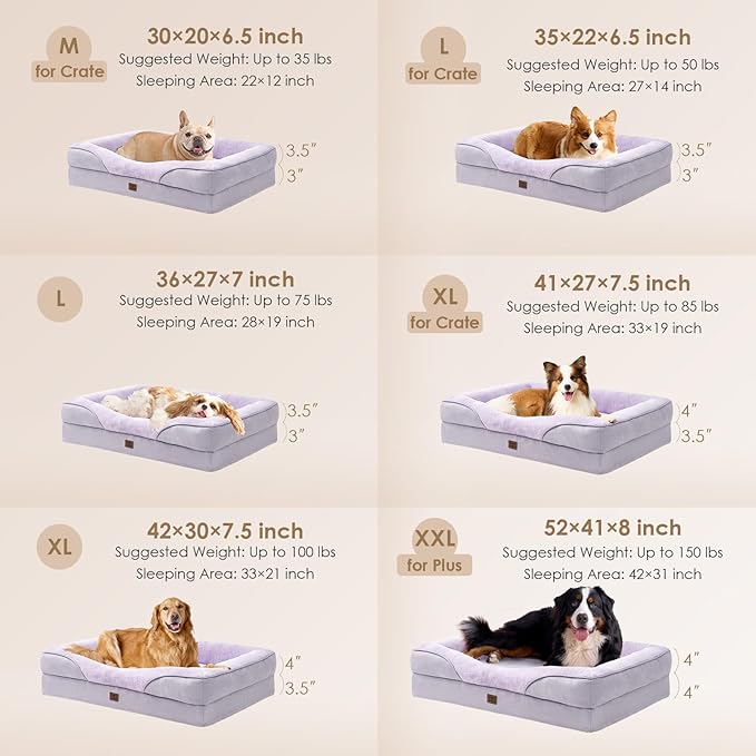 EHEYCIGA Orthopedic Dog Bed for Medium Dog, 35x22x6.5 Inch Memory Foam Dog Couch Bed with Sides, Waterproof Liner & Washable Removable Cover, Bolster Pet Sofa, Purple