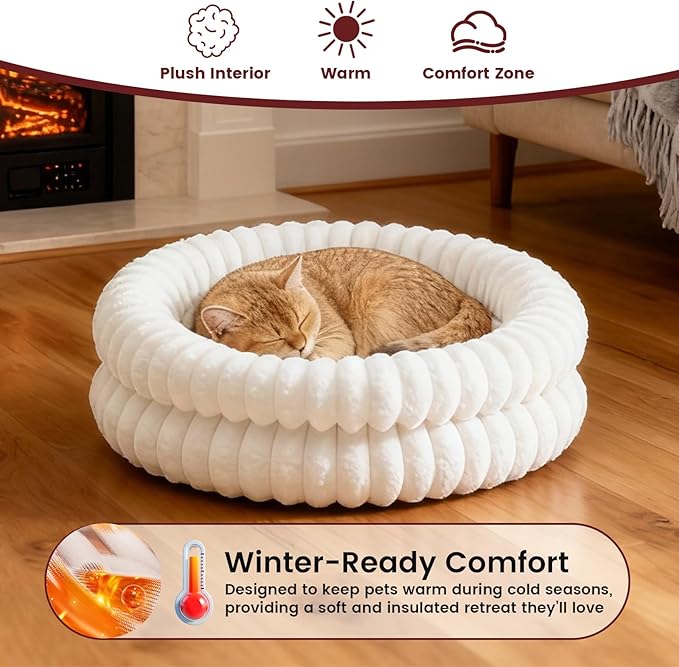 Fluffy Cat Beds for Indoor Cats, Washable Round Orthopedic Kitten Bed, Ultimate Soft Fuzzy Pet Bed for Small Dogs with Non-Slip Bottom, 19.7x19.7x6.3 in, White
