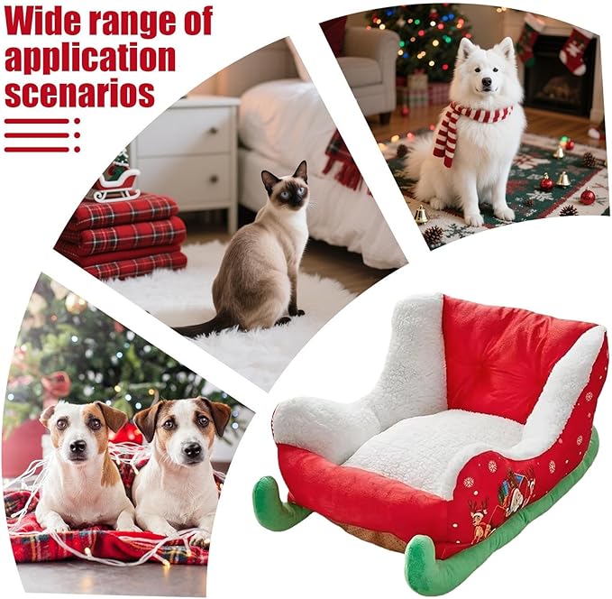 Christmas Dog - Bed Plush Sleigh Pet Bed with Anti-Slip Bottom for Cozy Comfort, Indoor Outdoor Puppy Cushion for Bedroom Living Room Home Winter Balcony Gathering Holiday Pet Furniture Accessories