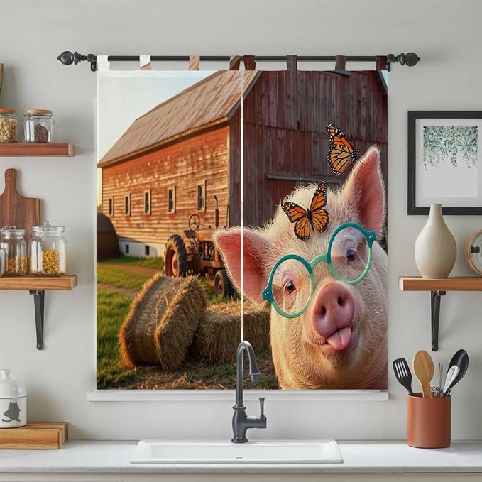 Farm Pig Bathroom Curtains 63 Inch Length, Window Curtains Tab Top, Farmhouse