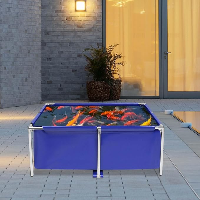 Foldable Fish Pond Aquarium Blue Cuboid Canvas Fish Pond Aquarium, Koi Breeding Pond with Metal Frame and Drain Valve for Home Breeding Pond or Aquaculture
