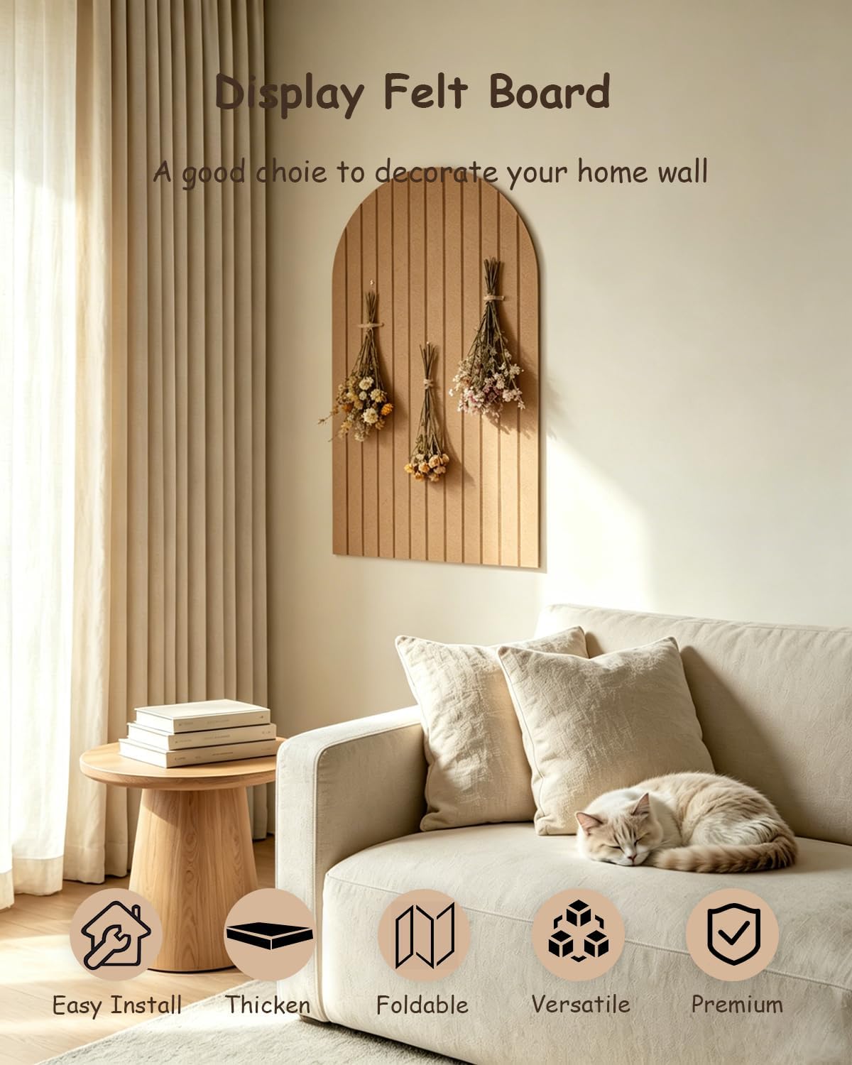 Foldable Bulletin Board 47x24 inches, 0.35" Thick Felt Wall Tiles, Large Cork Board with Adhesive Sticker, Round Edges Wall Panels for Office Bedroom Living Room, Decorative Board (Beige)