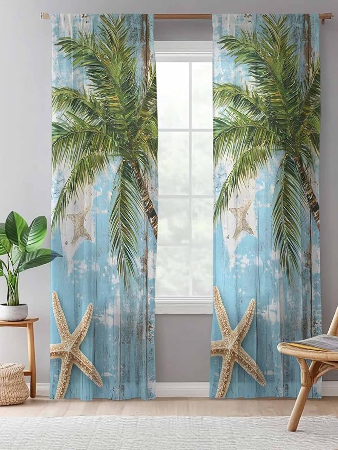 Sheer Curtains 84 Inches Long, Coastal Beach Blue Semi Sheer Curtains Light
