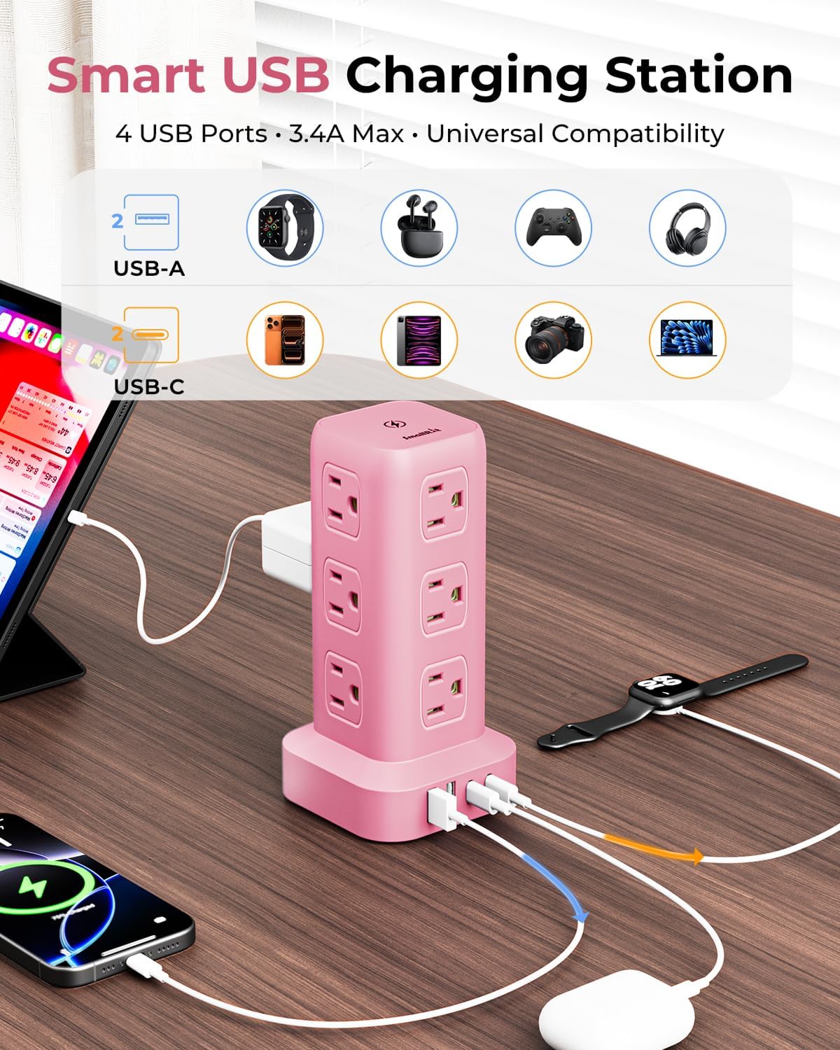 Pink Power Strip with 12 Outlets 4 USB (1 USB C), 6.5Feet Extension Cord with Multiple Outlets, Charging Station, Power Strip Tower, Home Office Desk Supplies