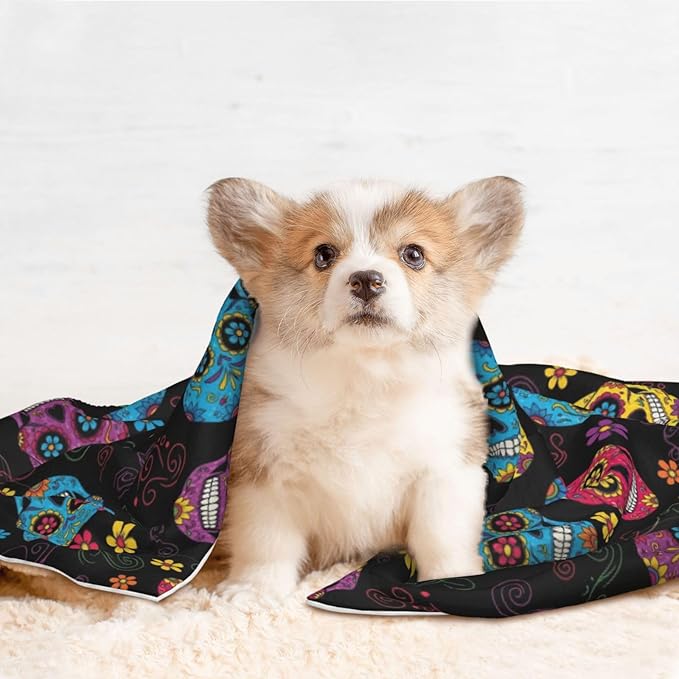 Pet Blanket for Indoor Outdoor Use, Sugar Skulls, Two Sided Reversible Plush Mat with Bumpy Dot Texture for Patios Crates Portable Bed Companion